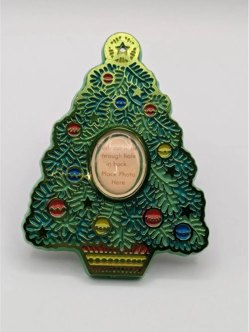 Christmas Tree Photo Holder Ornament 1981, Green and Gold Plastic